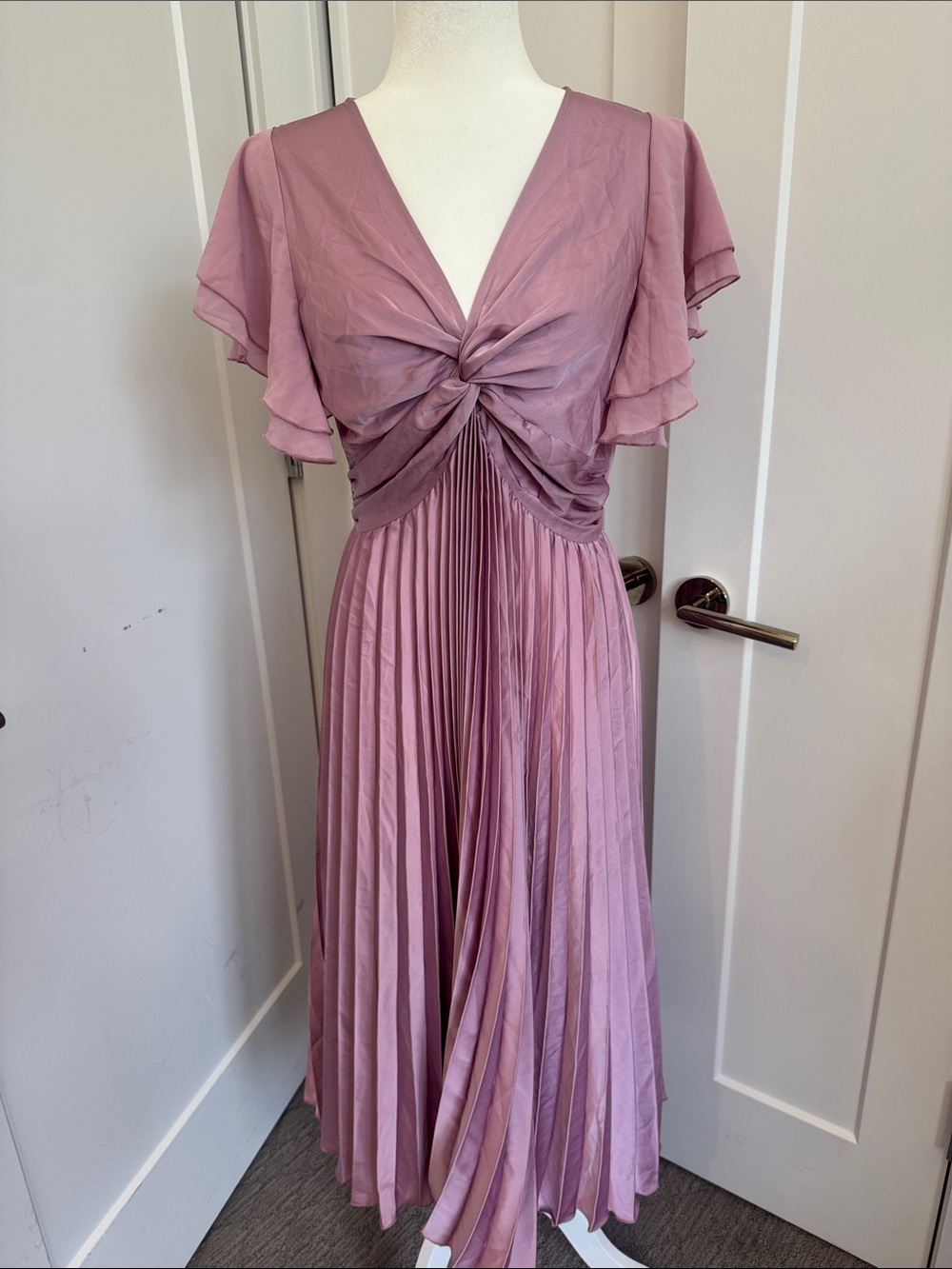 Petal & Pup Dusty Mauve Twist-Front Pleated Midi Dress